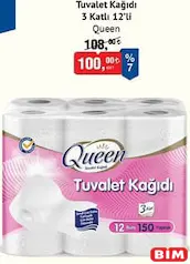 QUEEN TUVALET KAĞIDI 3 KATLI 12'Lİ fiyat ve kampanya bilgisi